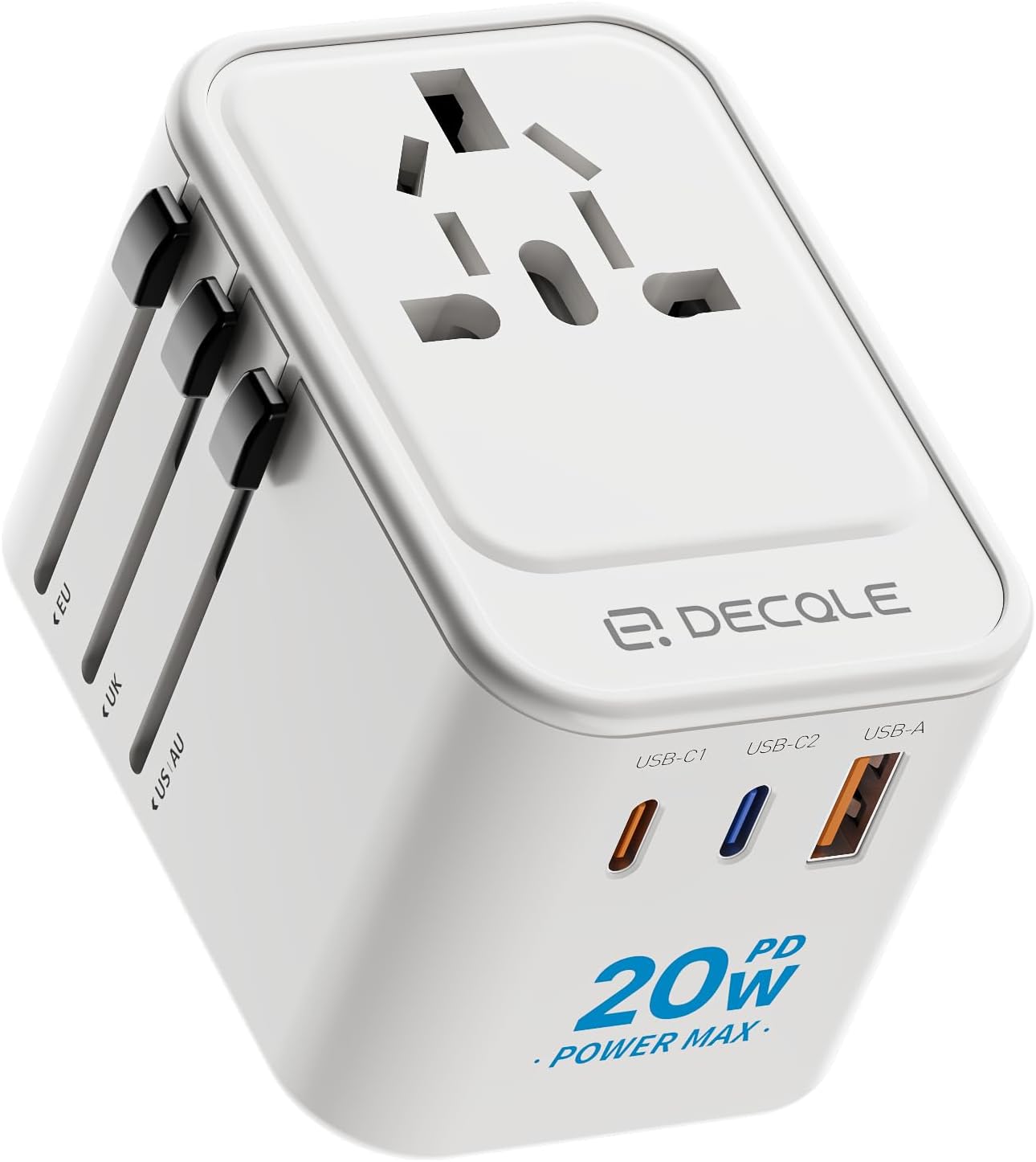 Adaptador Enchufe Universal Adaptador de Viaje con 2 USB CPD 20W y 1 USB A Adaptador Universal para EU Reino Unido Americano Canada Australia 224PaisBlanco