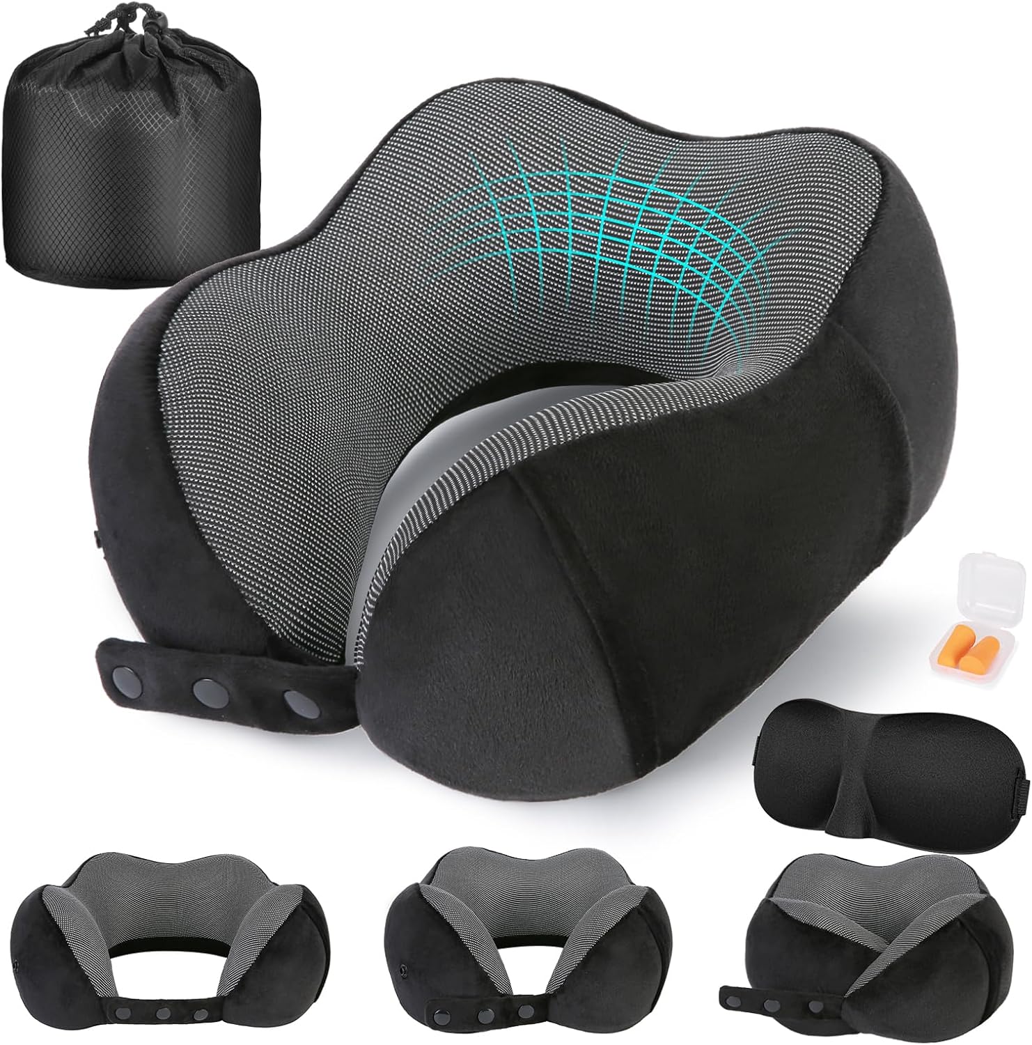 Almohada de Viaje Cuello Cojin de Viaje Cuello para Avion y Coche Cojin Cervical Viaje Viscoelastica de Espuma Memoria Ajustable y Compacta con Mascara de Ojos Tapones y