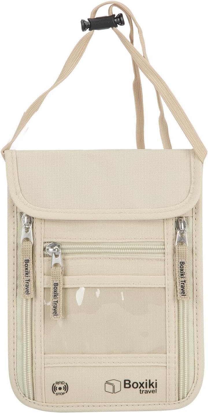 Portadocumentos de Viaje para Cuello con Bloqueo RFID Beige Bolsa Antirrobo Viaje en Nylon Ripstop Resistente al Agua con 5 Compartimentos y Correa Ajustable para Pasaporte